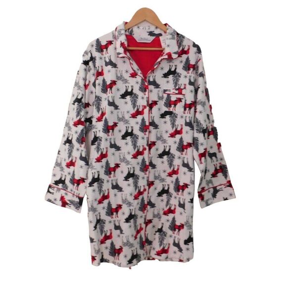 Womens Flannel nightgown Night Shirt Cotton Holiday White Red‎ Moose Size 1X - Picture 6 of 6